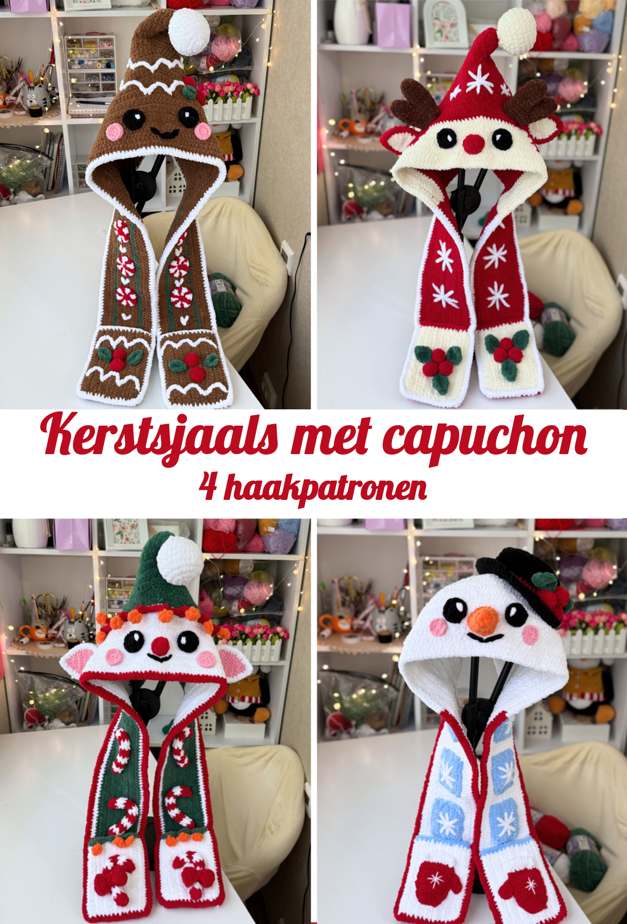 4 haakpatronen voor kerstsjaals met capuchon